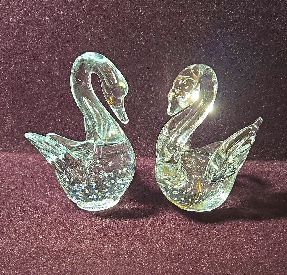 Vintage Murano Style Clear Art Glass Swan Figurine Pair Bullicante Bubble MCM